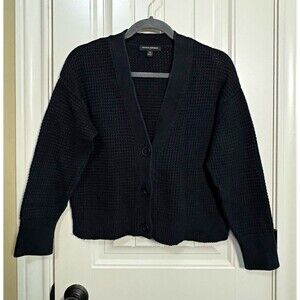 Banana Republic Women Black Waffle Knit Button Crop V-Neck Cotton Cardigan XS